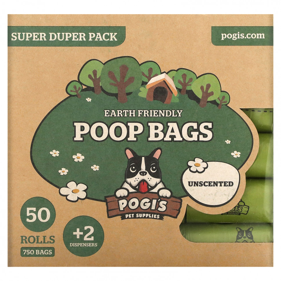 Pogi's Pet Supplies, Earth Friendly Poop Bags, Super Duper Pack, Unscented, 50 Rolls, 750 Bags, 2 Dispensers  4750